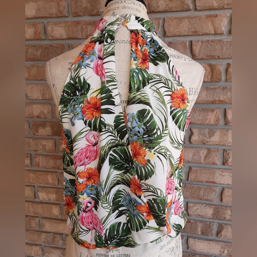 Rachel Zoe Floral Tropical Print Halter Style Top.